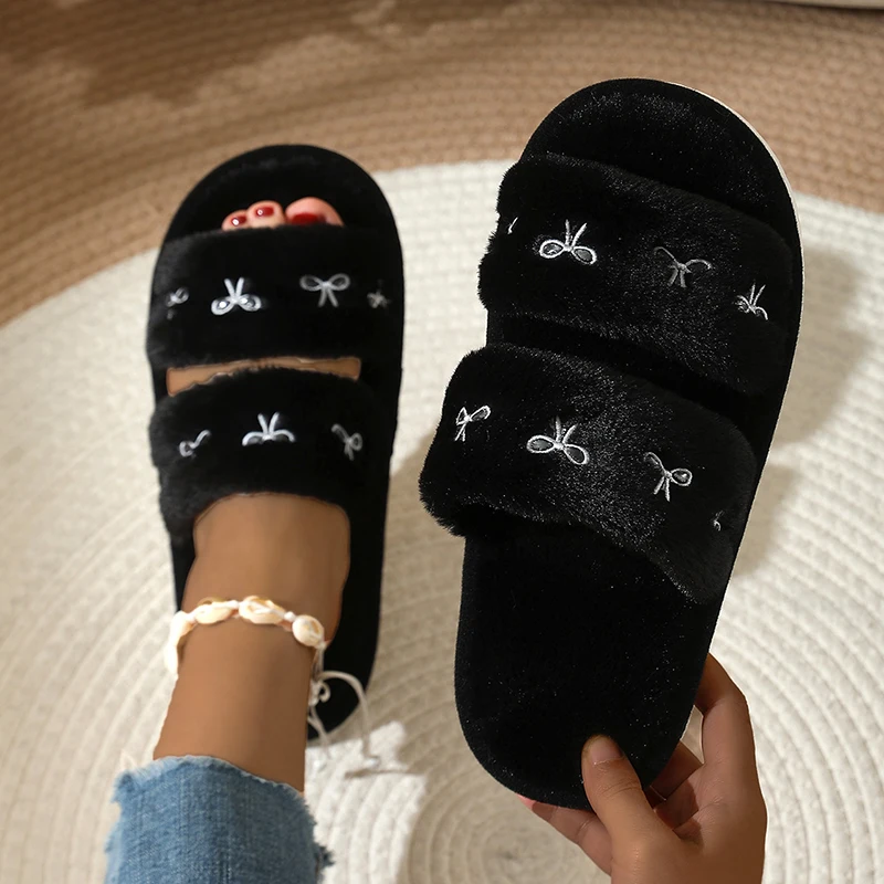 Embroidery Design Free - Fashion Bow Embroidery Fluffy Slippers Women