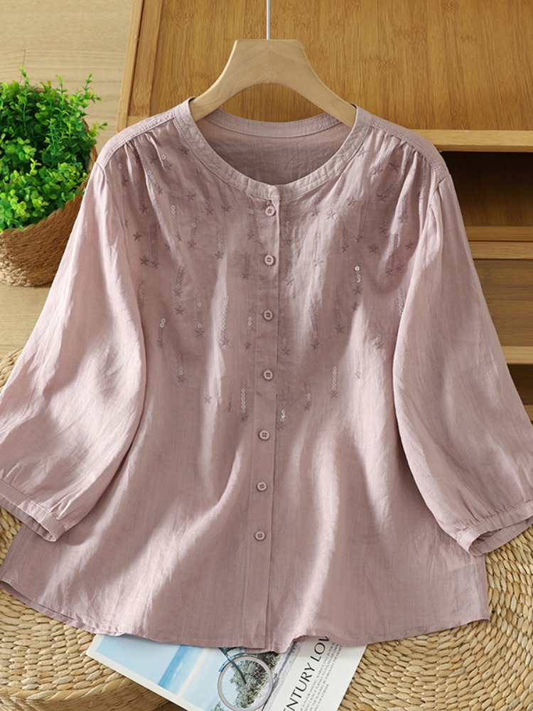 Embroidery Cardigan - Retro Glitter Embroidery Linen Shirt Women