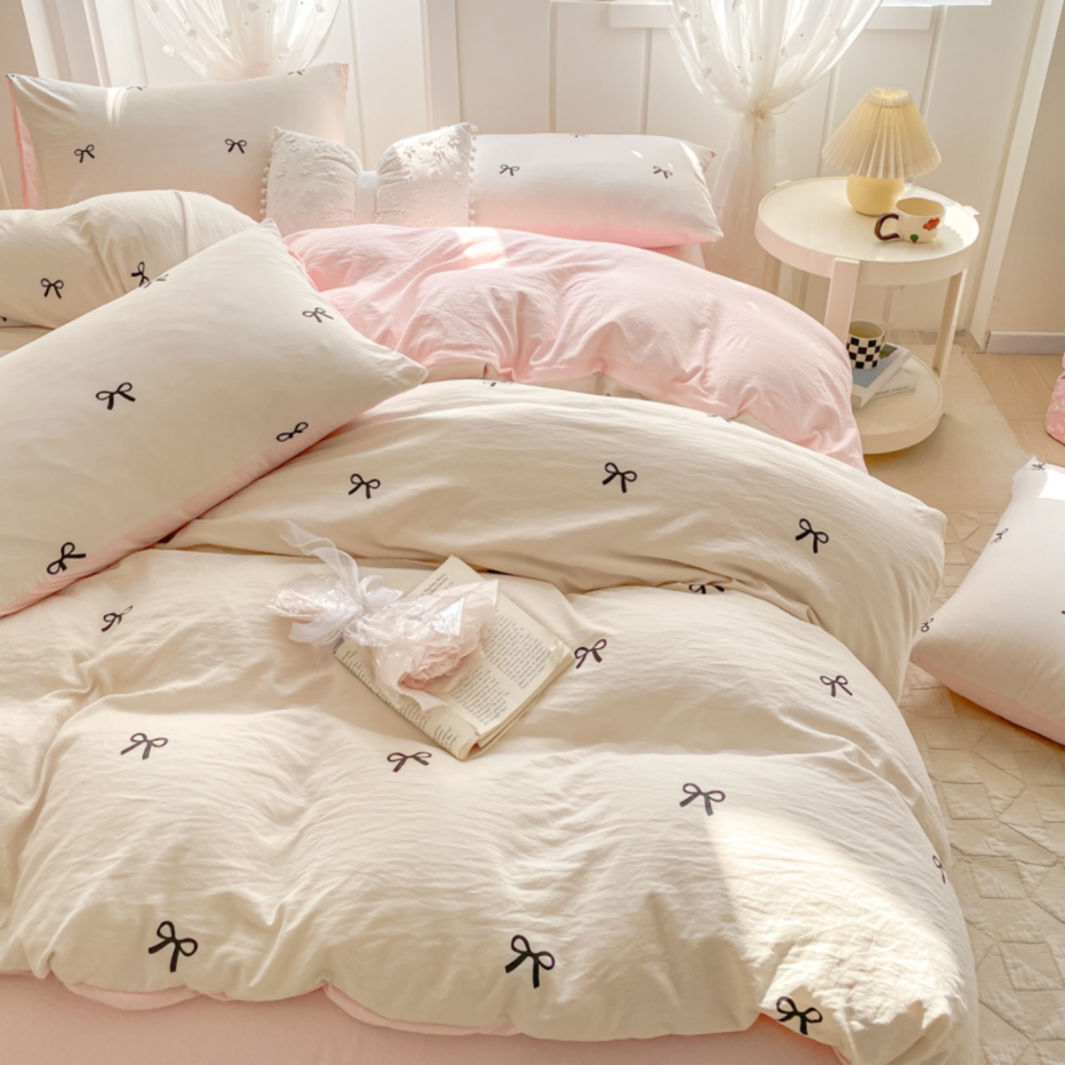 3 Piece Sheet Set  pink bowkno - Embroidery Quilt Cover review and price